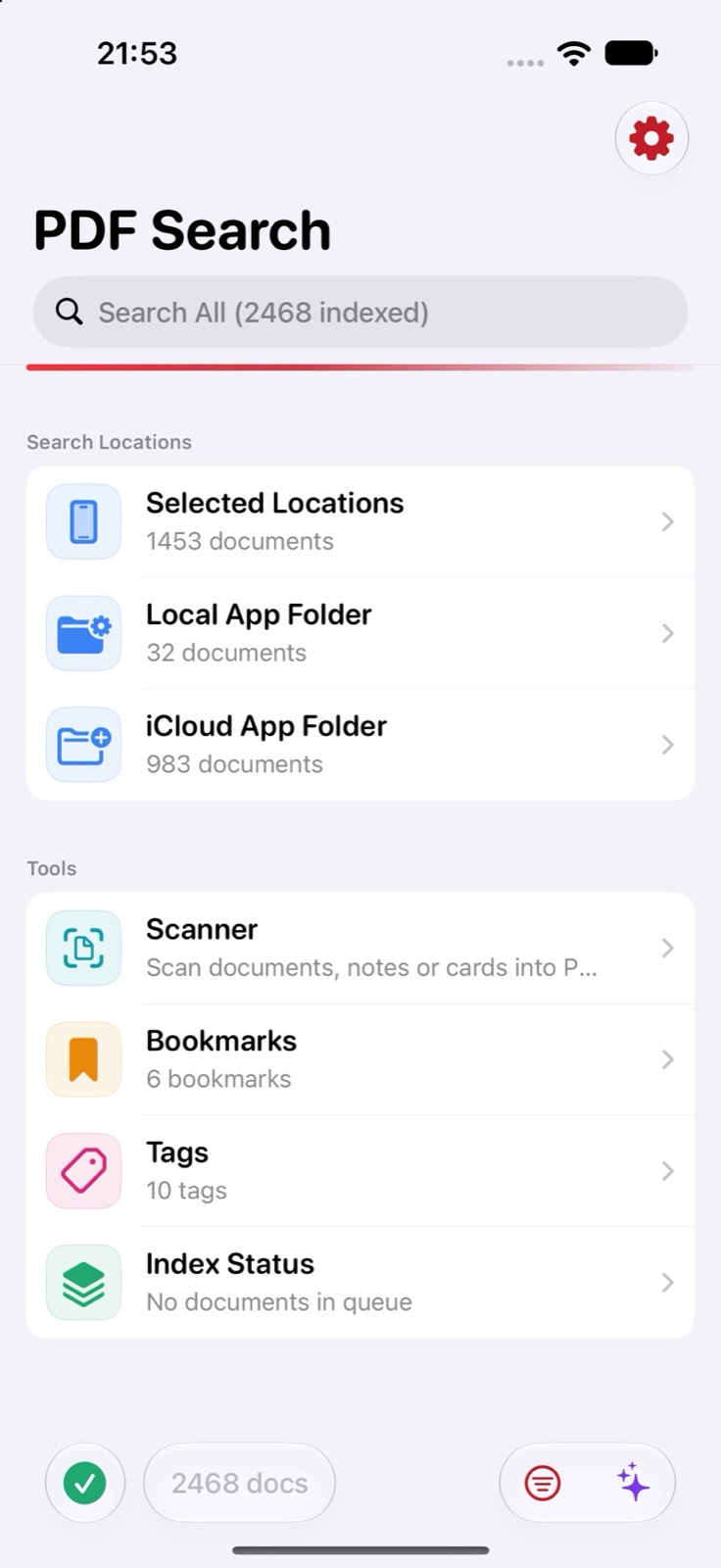 PDF Search home screen with 2,468 indexed documents