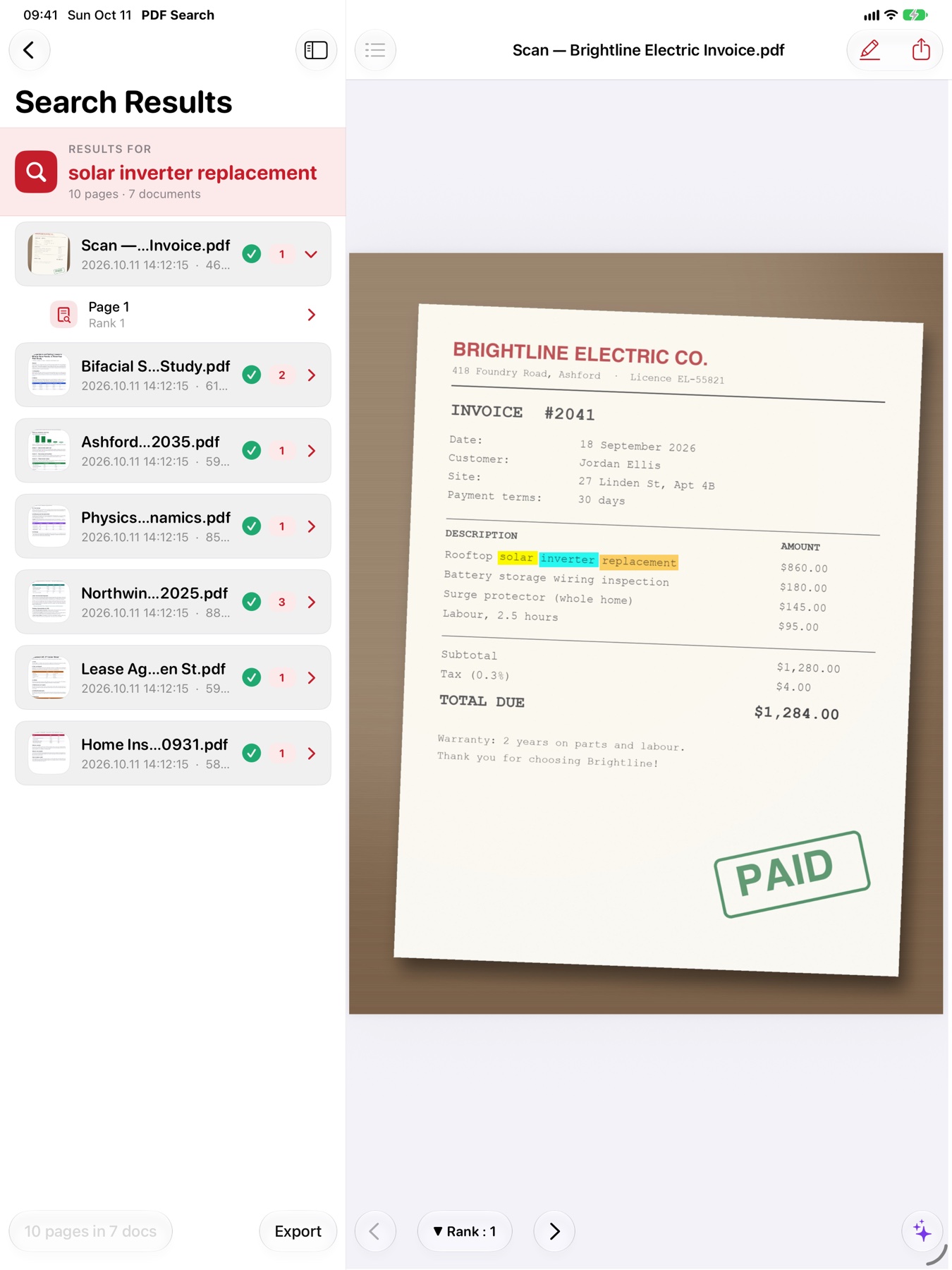 A scanned invoice searched on iPad
