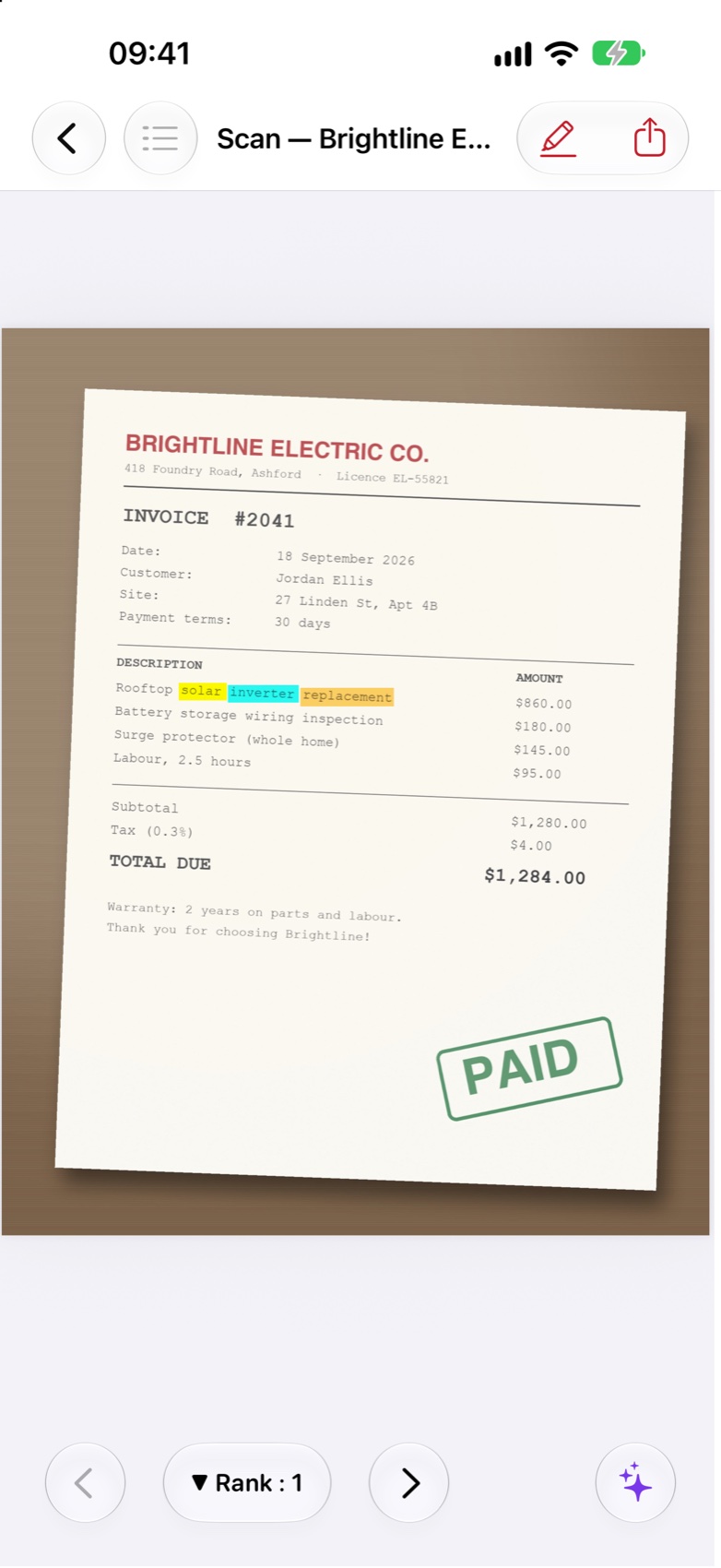 Words found in a scanned invoice on iPhone