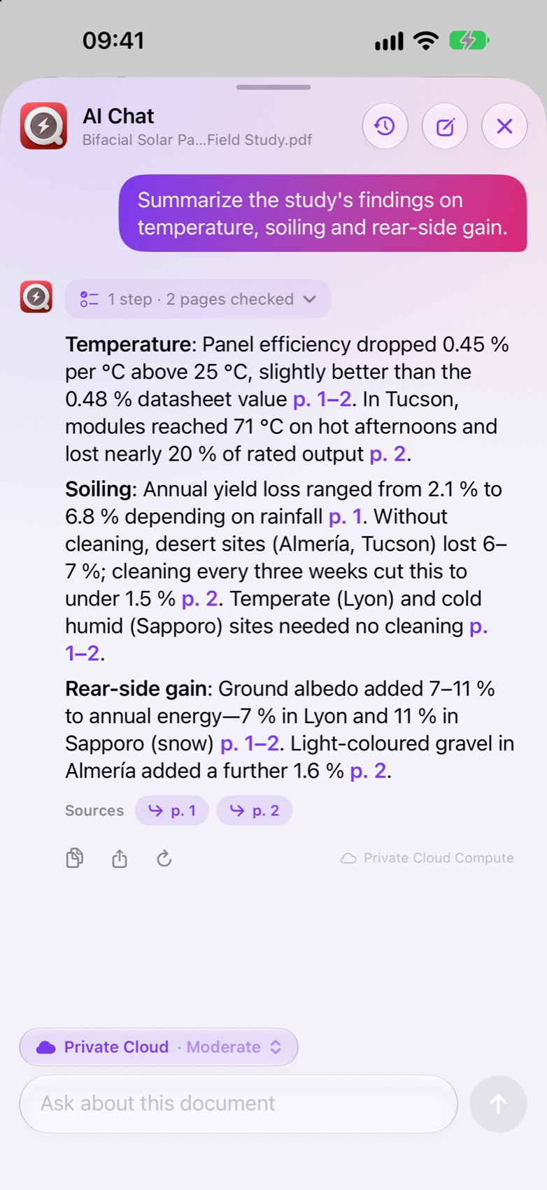 AI Chat on iPhone summarizing a field study with page citations