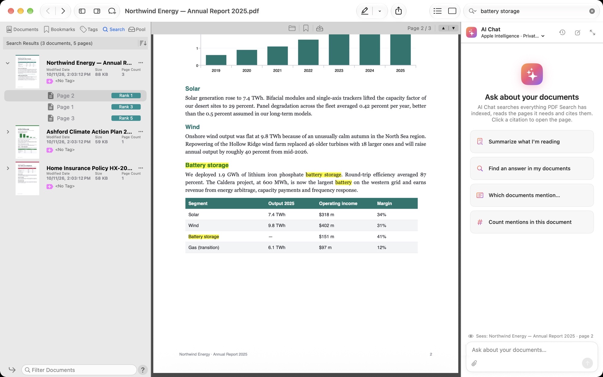 PDF Search for Mac: three documents and five pages ranked for “battery storage”, the Rank 1 page open with the matches highlighted