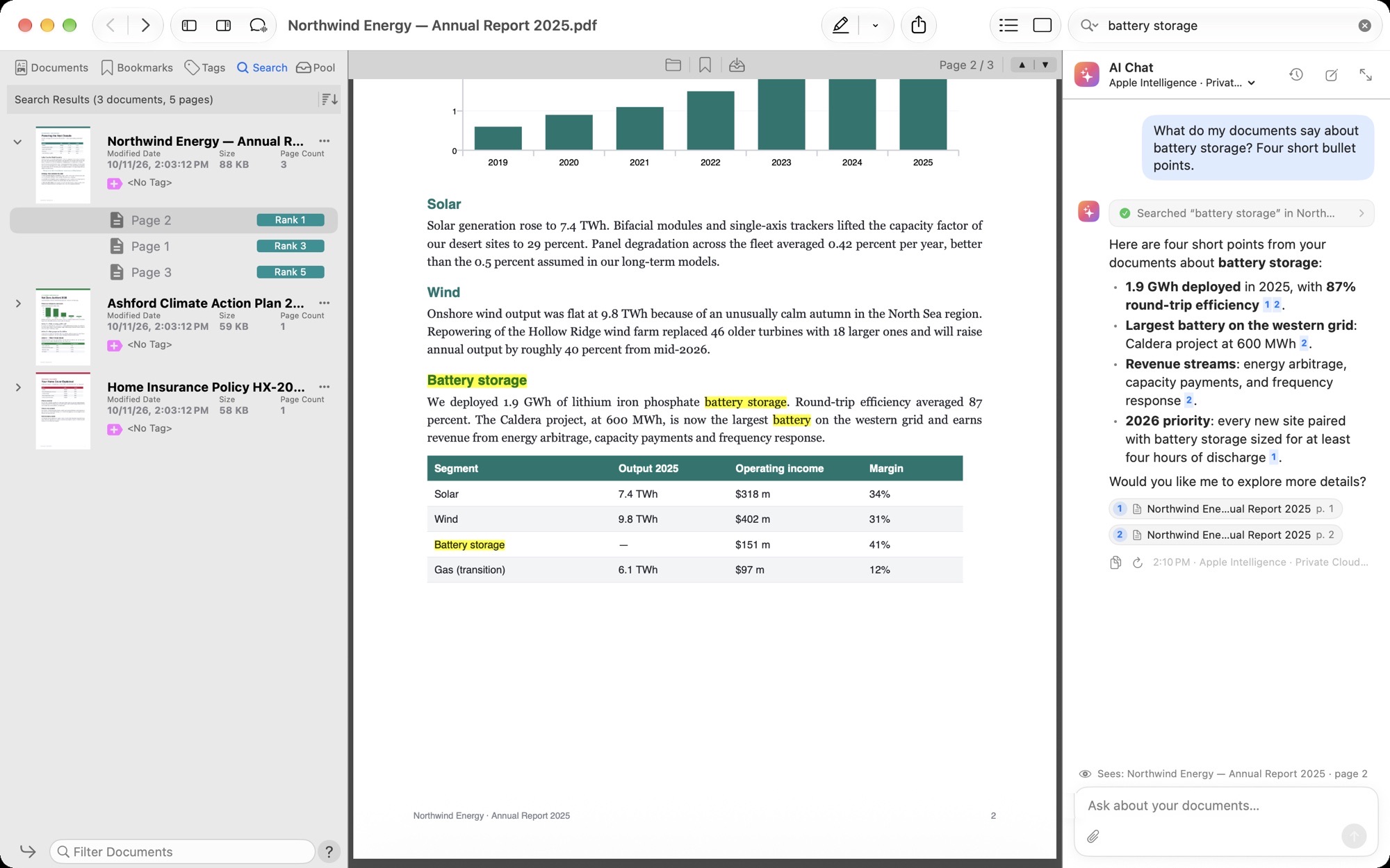 PDF Search for Mac: ranked results, the best page with every hit highlighted, and AI Chat answering with numbered sources