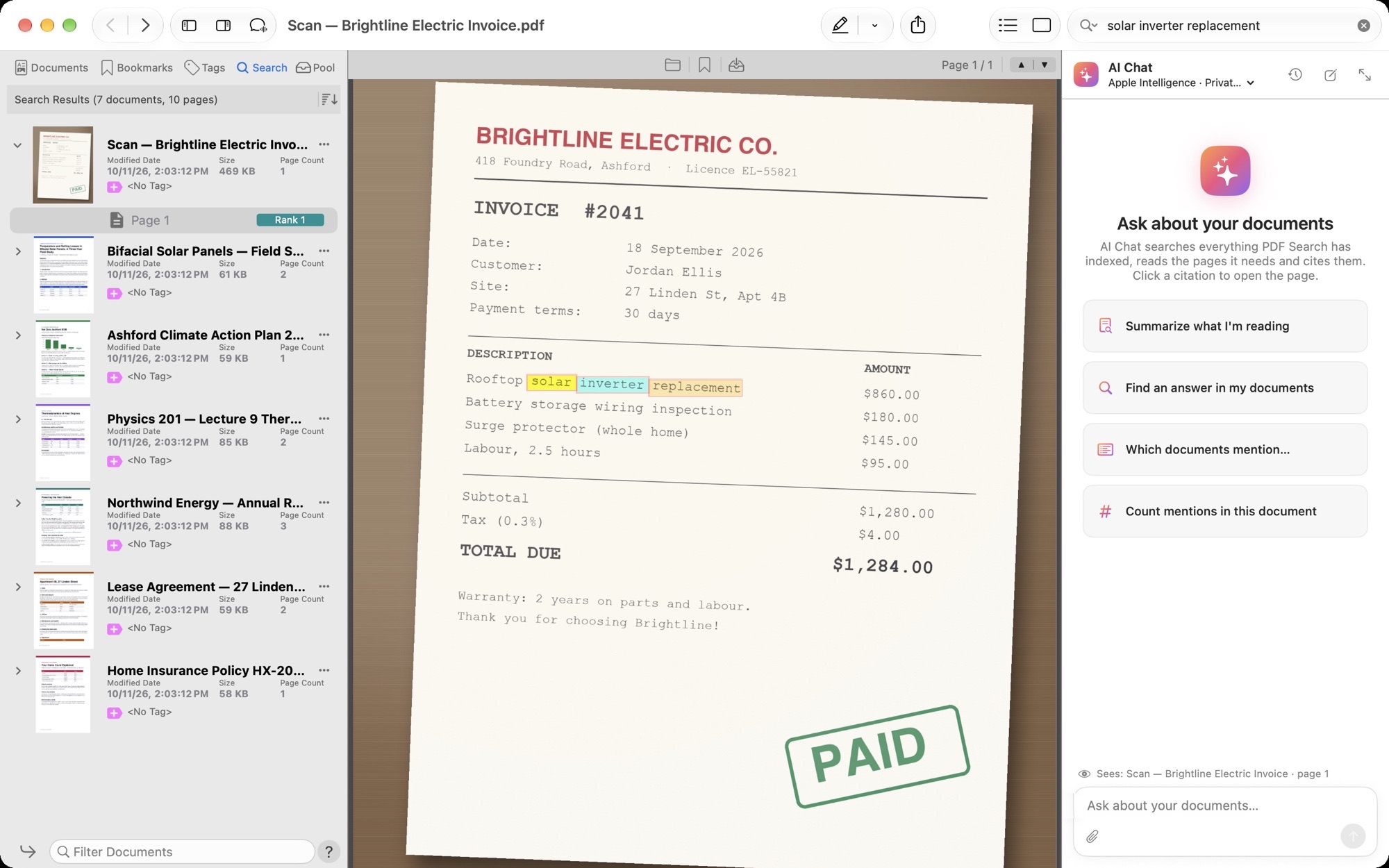 Words found inside a photographed invoice on Mac