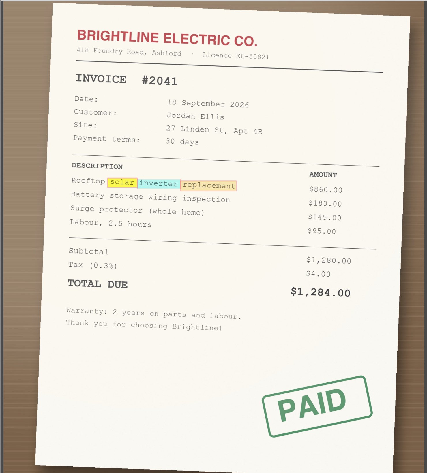 A photographed invoice from Brightline Electric